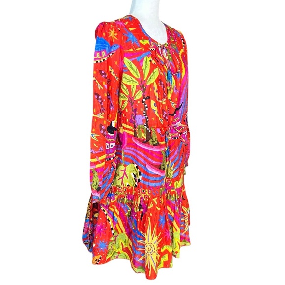 NEW FARM RIO Magic Forest Cotton Mini Dress M Tropical Dopamine Colorful Boho - Picture 3 of 16
